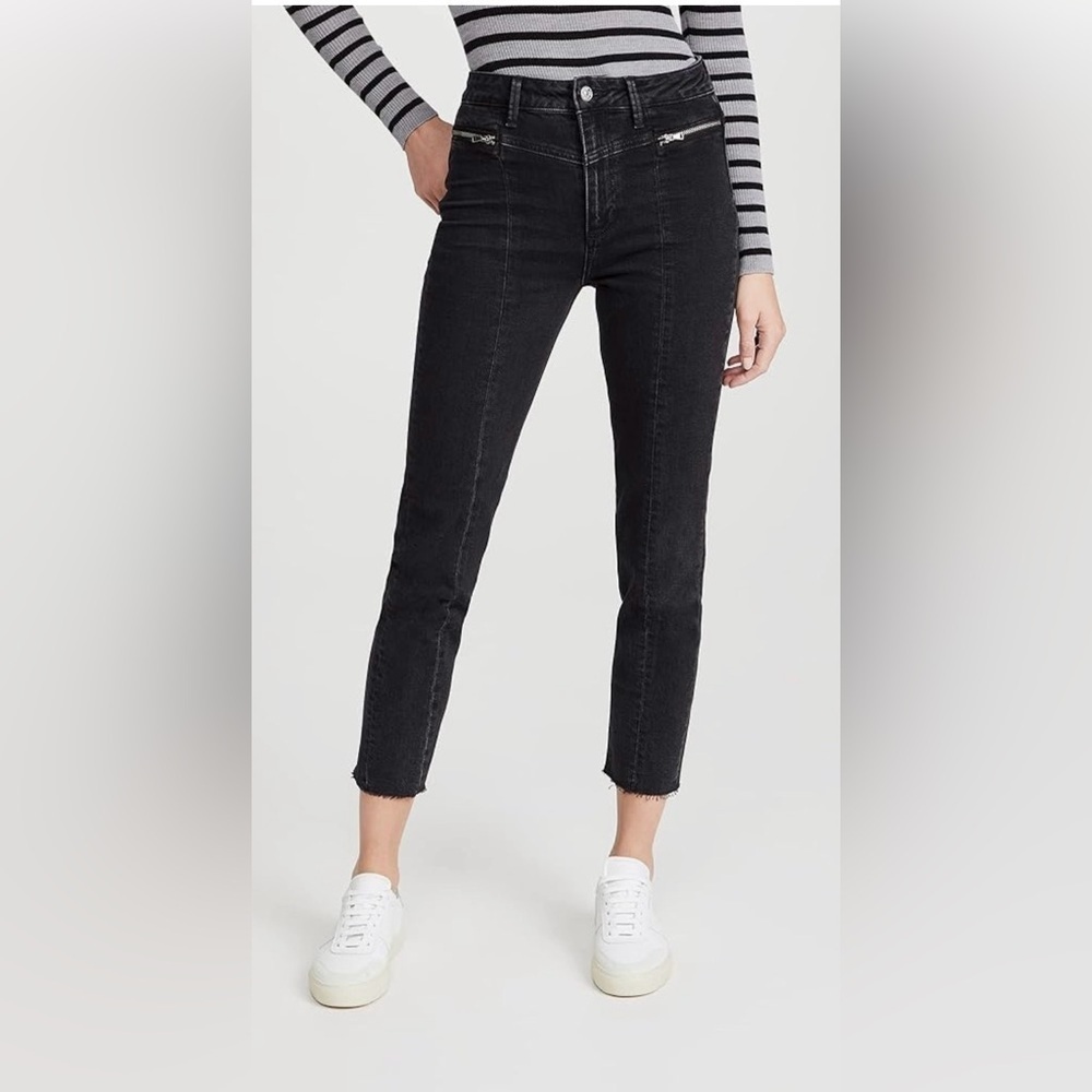Paige Sarah Slim High Rise Jeans Raw Hem & Zippers in Virgo Black Size 28 - Picture 13 of 16